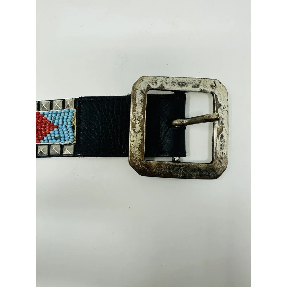 Vintage Gorgeous laced‎ Beaded Leather Belt 28 Long   Blue And Red All Beaded